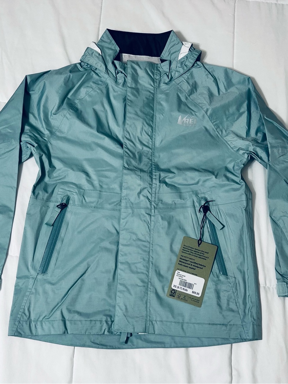 REI Kids' Light Teal Hooded Rain Jacket